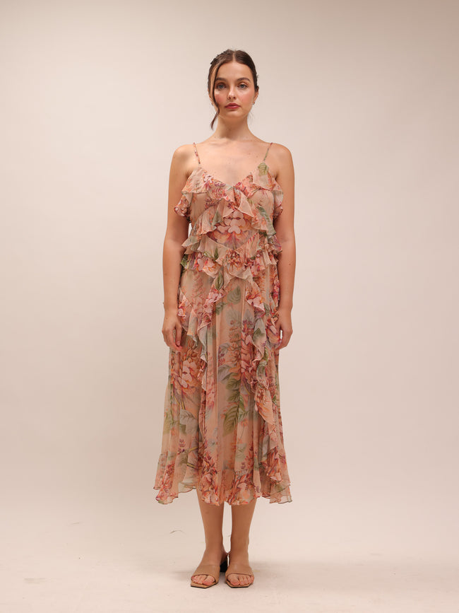 Candescent Coral Tree-Print Silk-Chiffon Dress