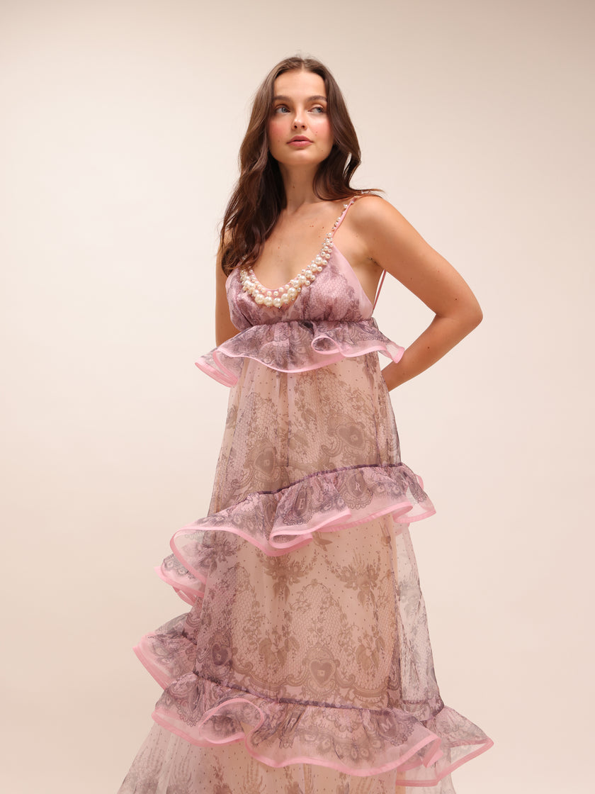 Crush Printed Ruffled Silk Organza Gown