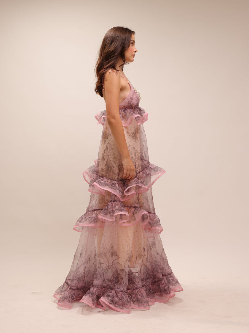 Crush Printed Ruffled Silk Organza Gown