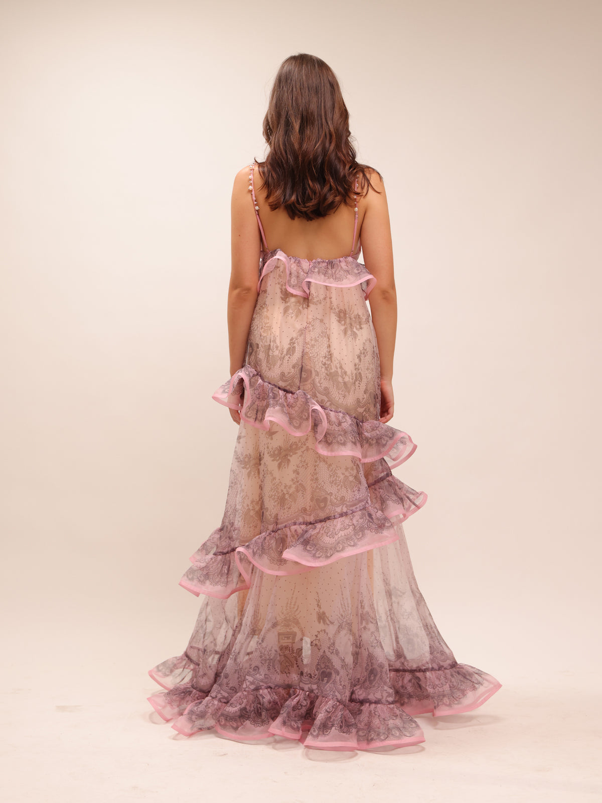 Crush Printed Ruffled Silk Organza Gown