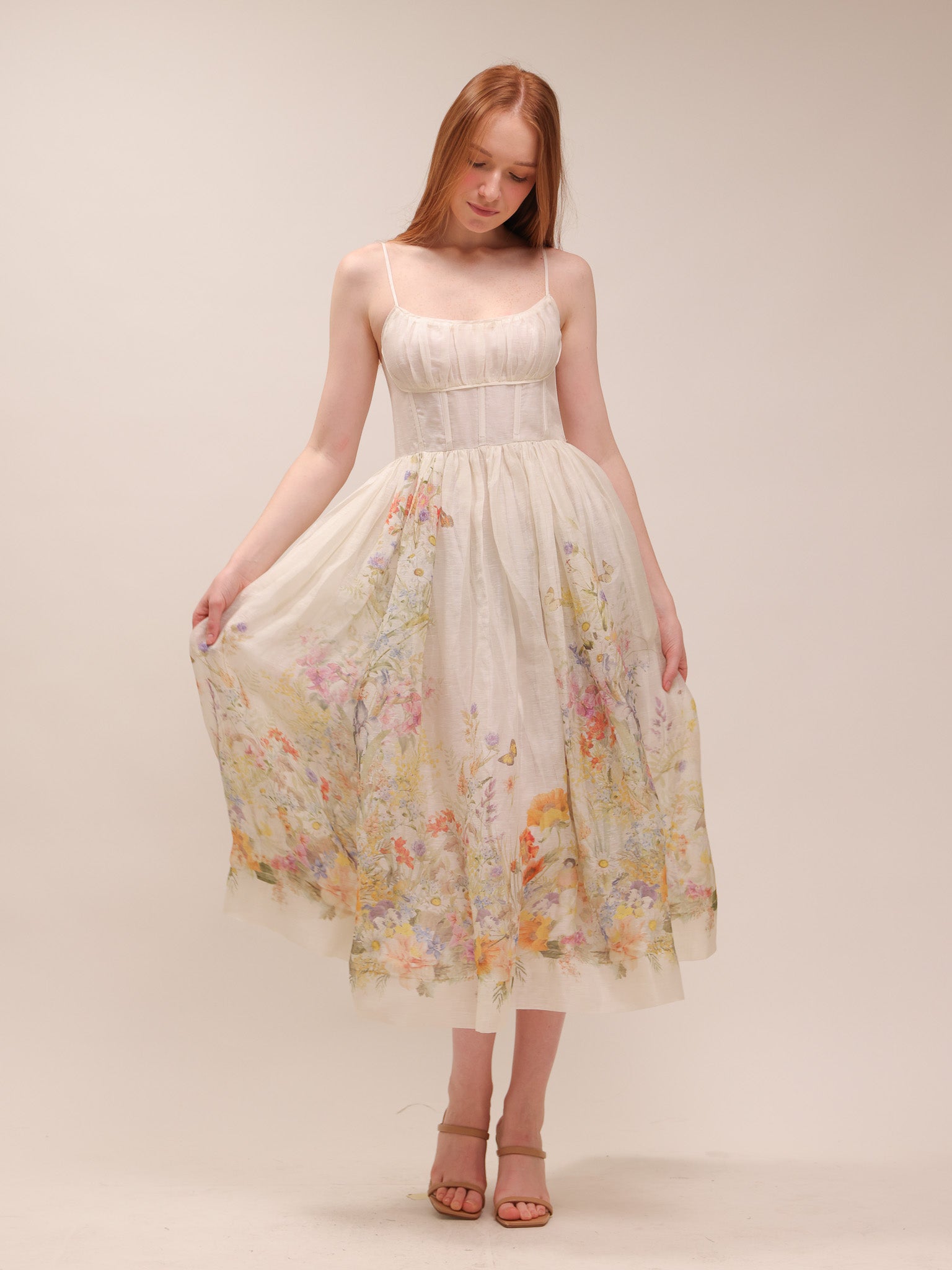 Natura Ruched Midi Dress in Ivory Wild Flowers