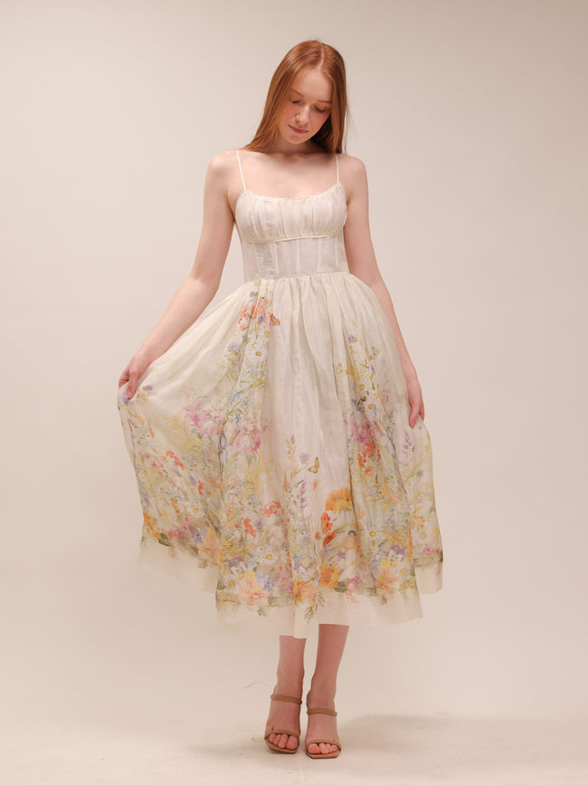 Natura Ruched Midi Dress in Ivory Wild Flowers