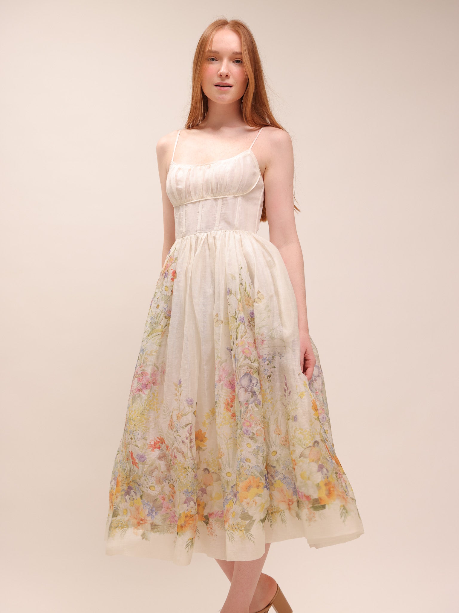 Natura Ruched Midi Dress in Ivory Wild Flowers