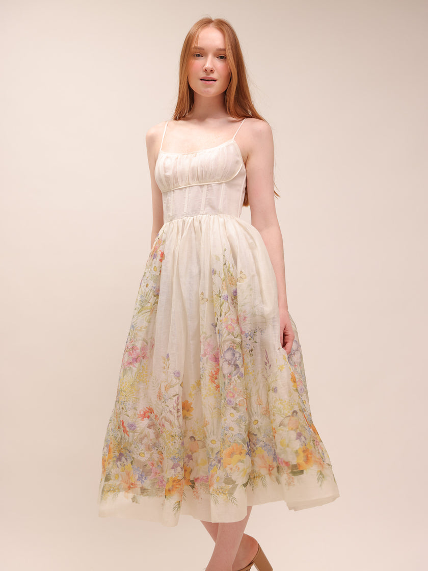 Natura Ruched Midi Dress in Ivory Wild Flowers