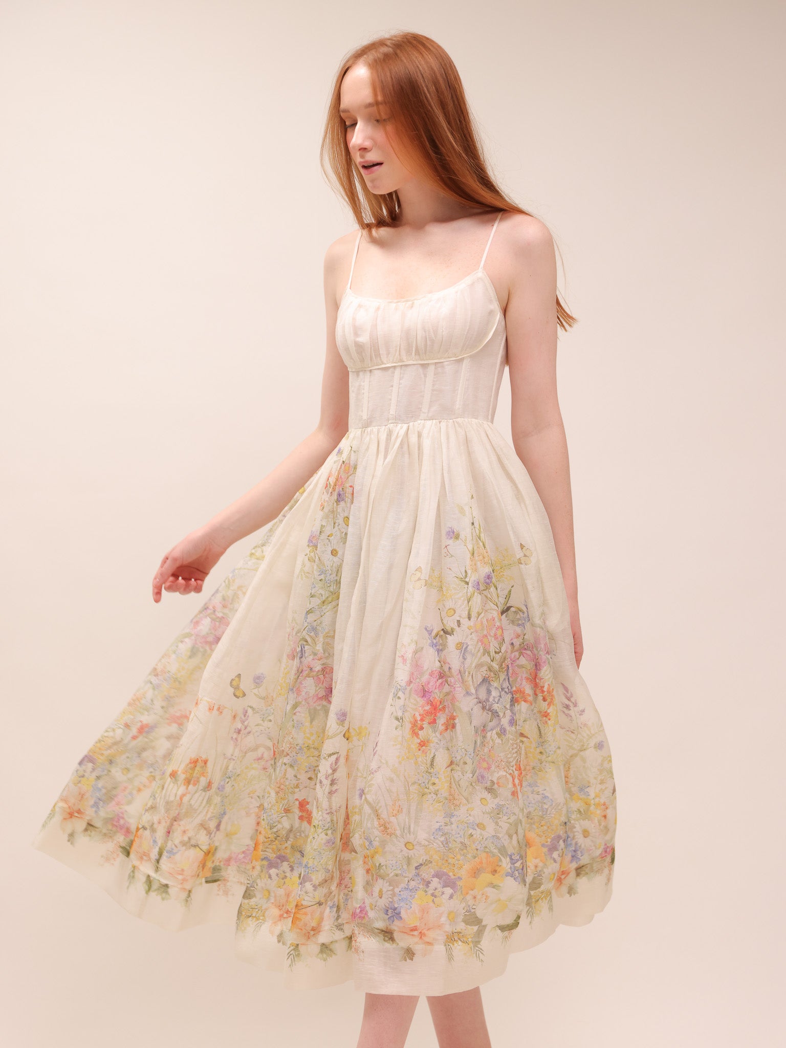 Natura Ruched Midi Dress in Ivory Wild Flowers