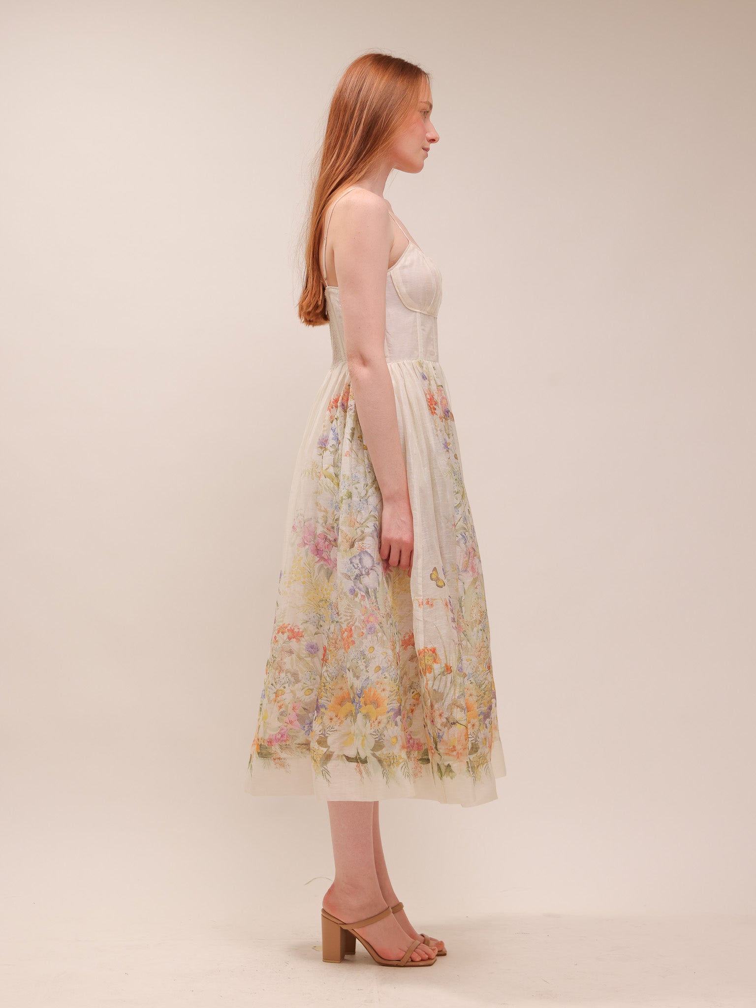 Natura Ruched Midi Dress in Ivory Wild Flowers
