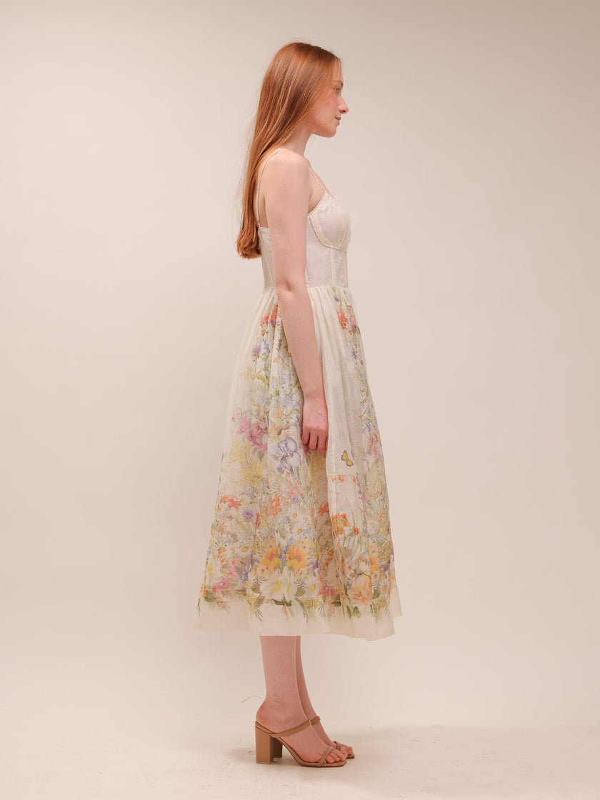 Natura Ruched Midi Dress in Ivory Wild Flowers