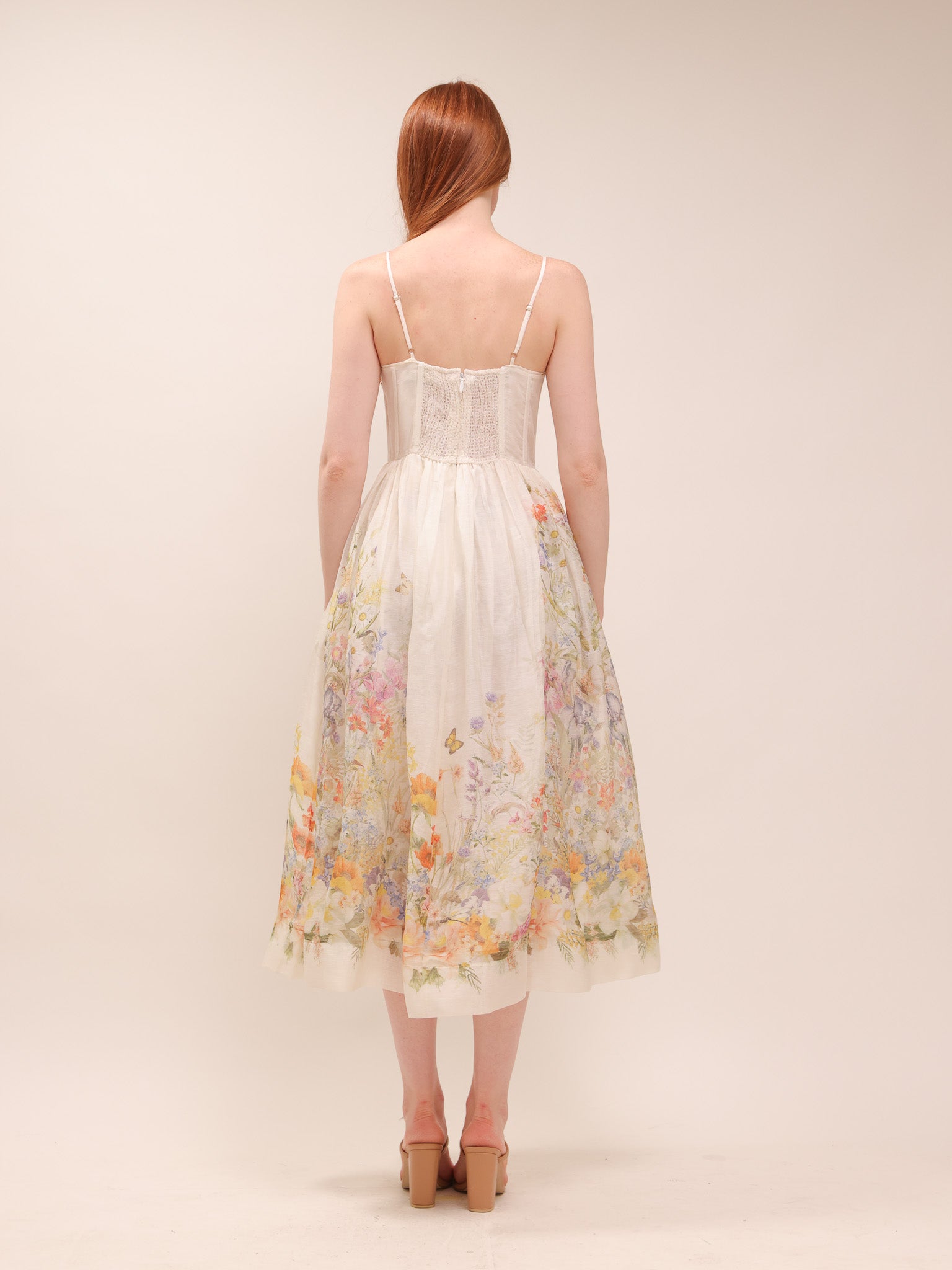 Natura Ruched Midi Dress in Ivory Wild Flowers