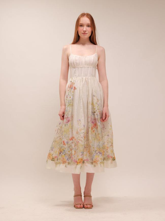 Natura Ruched Midi Dress in Ivory Wild Flowers