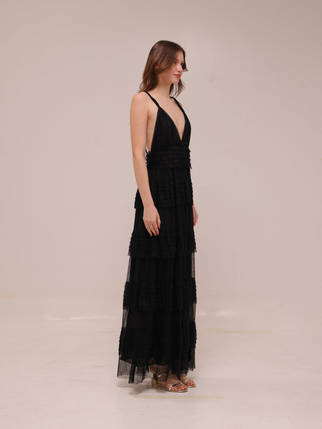 Sheer Tiered Deep V Maxi Dress