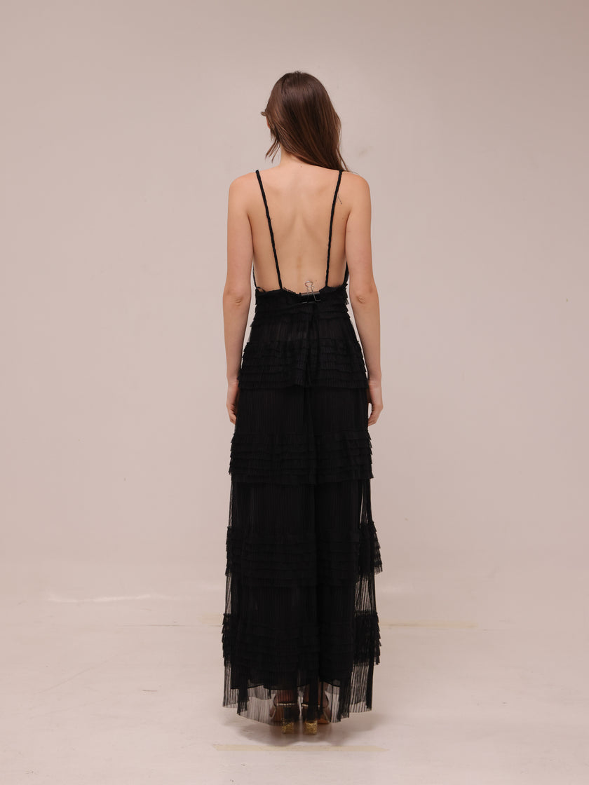 Sheer Tiered Deep V Maxi Dress