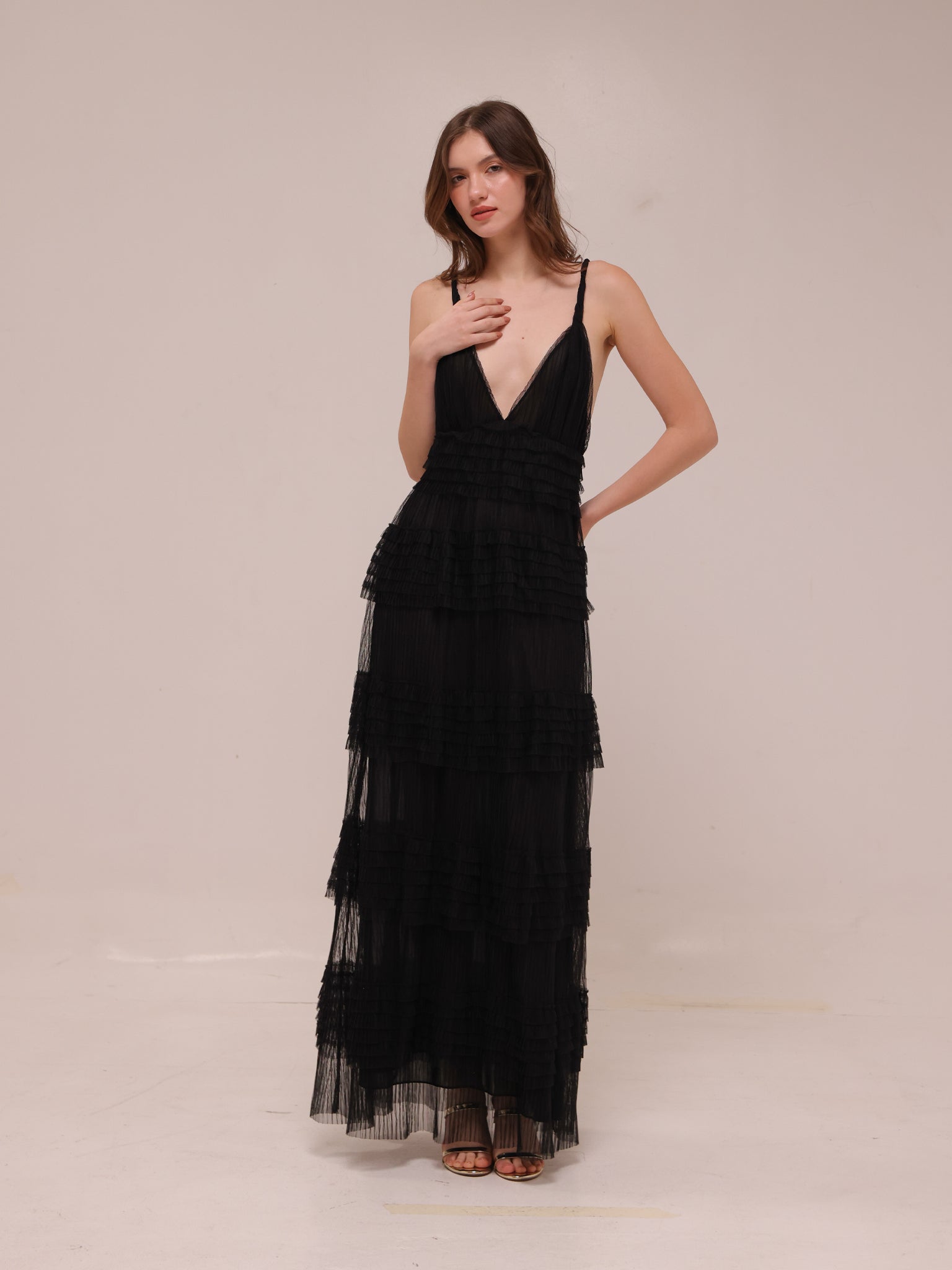 Sheer Tiered Deep V Maxi Dress