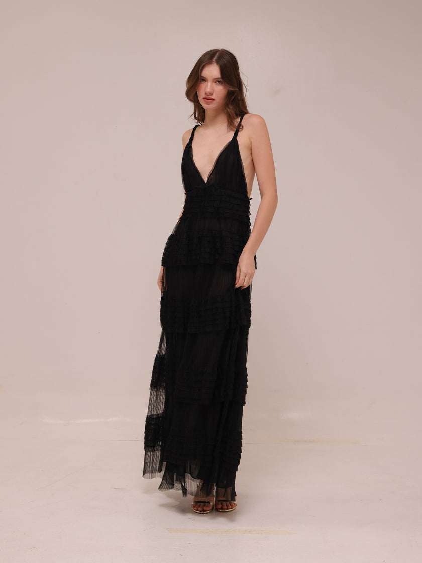 Sheer Tiered Deep V Maxi Dress