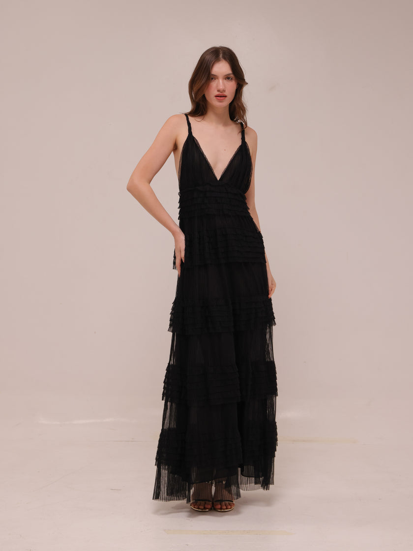 Sheer Tiered Deep V Maxi Dress