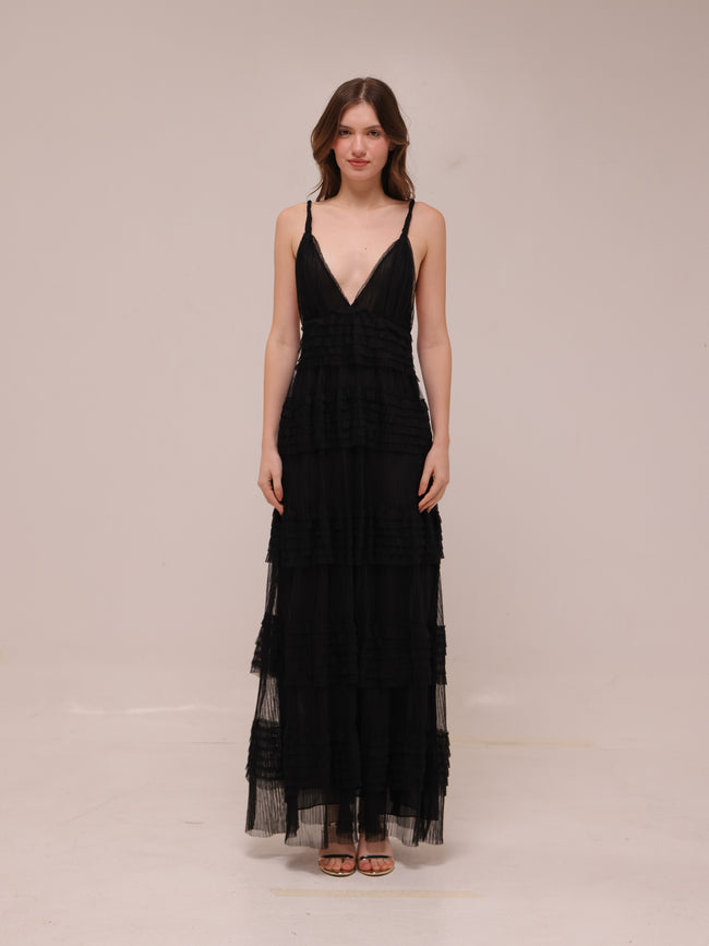Sheer Tiered Deep V Maxi Dress