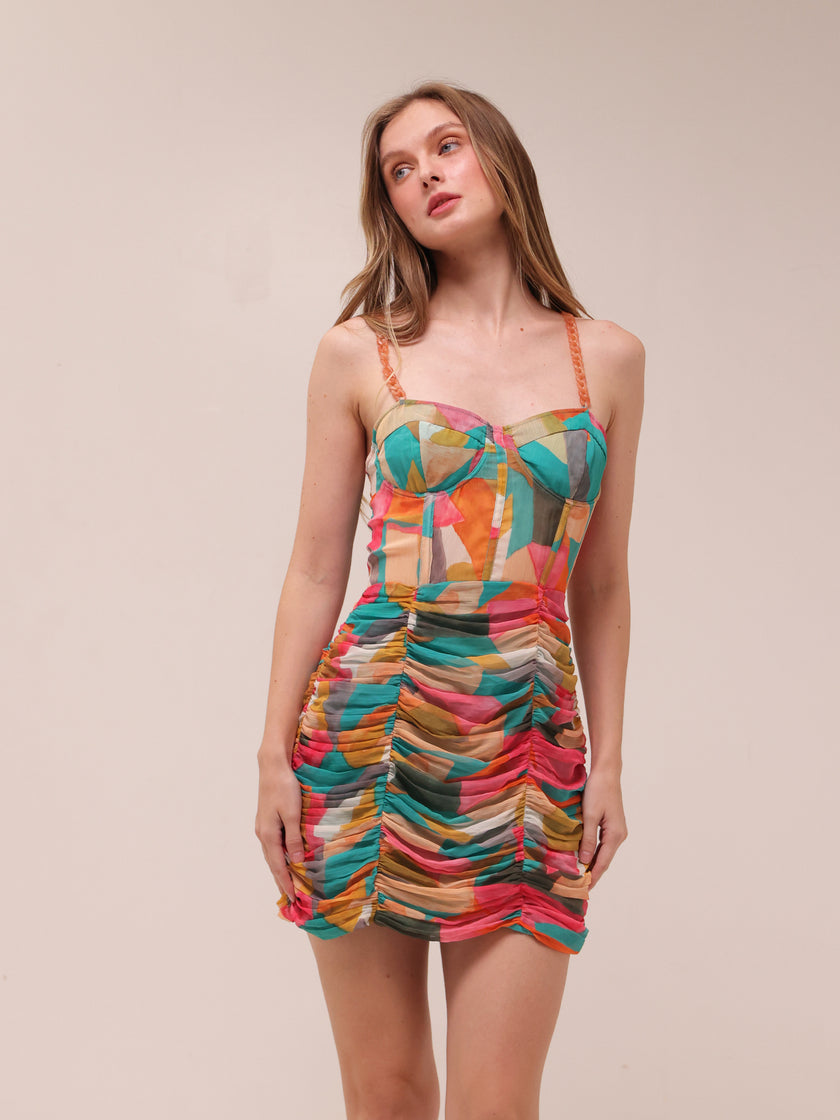 Multicolor Ruched Mini Dress